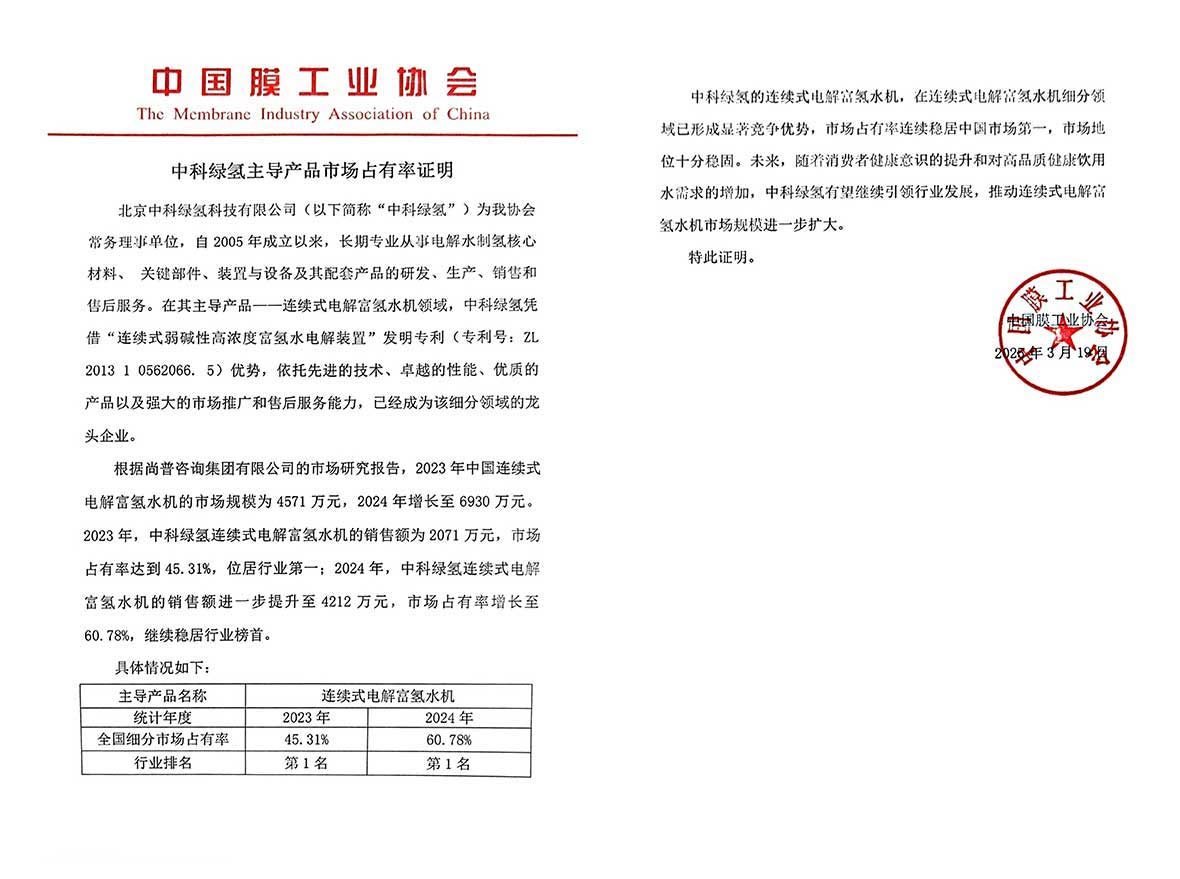 中国膜工业协会认定中科绿氢连续式电解富氢水机“市场占有率连续稳居中国市场第一”